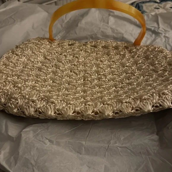 Vintage Large Woven Raffia Top Handle Ivory Cream Granny Core Handbag - Picture 10 of 14